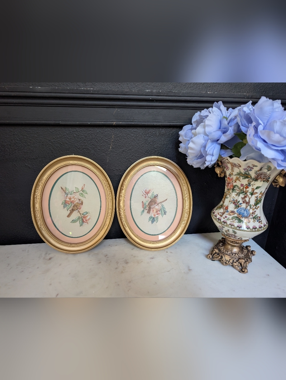 Vintage, Set of 2,  80's Home Interior Bird prints in Gold Oval Detail frames